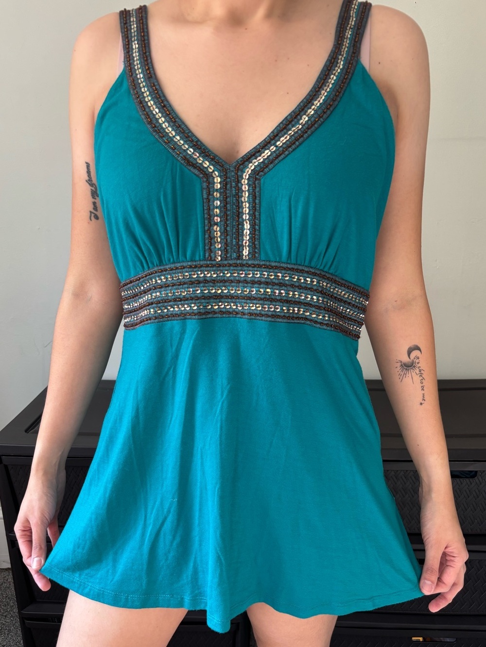 Y2K Mermaidcore Turquoise Beaded Fairy Sequin Tank Top - Size Medium - Large